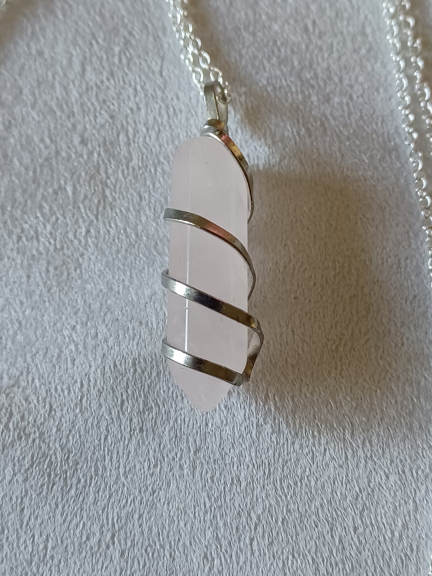 Rose Quartz Bullet Silver Wrapped Necklace