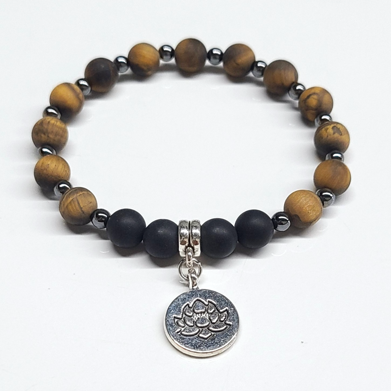 Tiger Eye and Onyx (Matte) with Lotus Charm Round Bead Bracelet 8mm