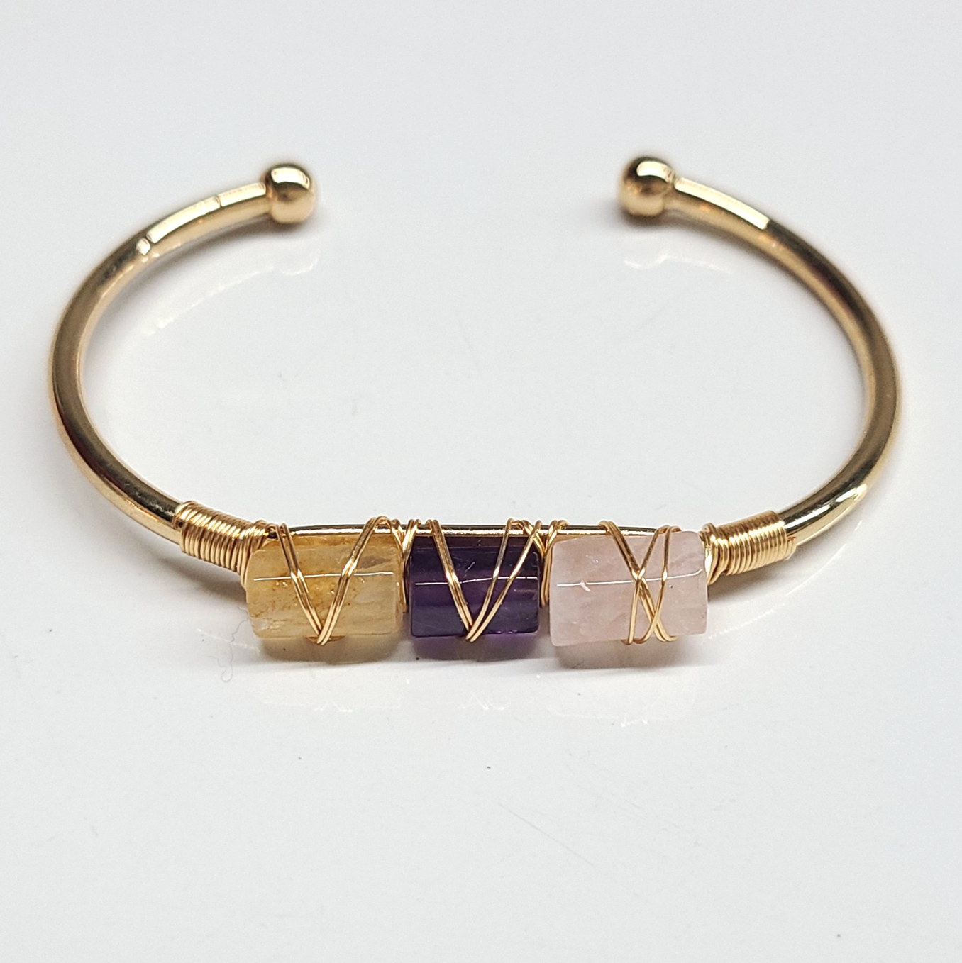 Citrine, Amethyst, and Rose Quartz Bangle Cuff Bracelet (golden)