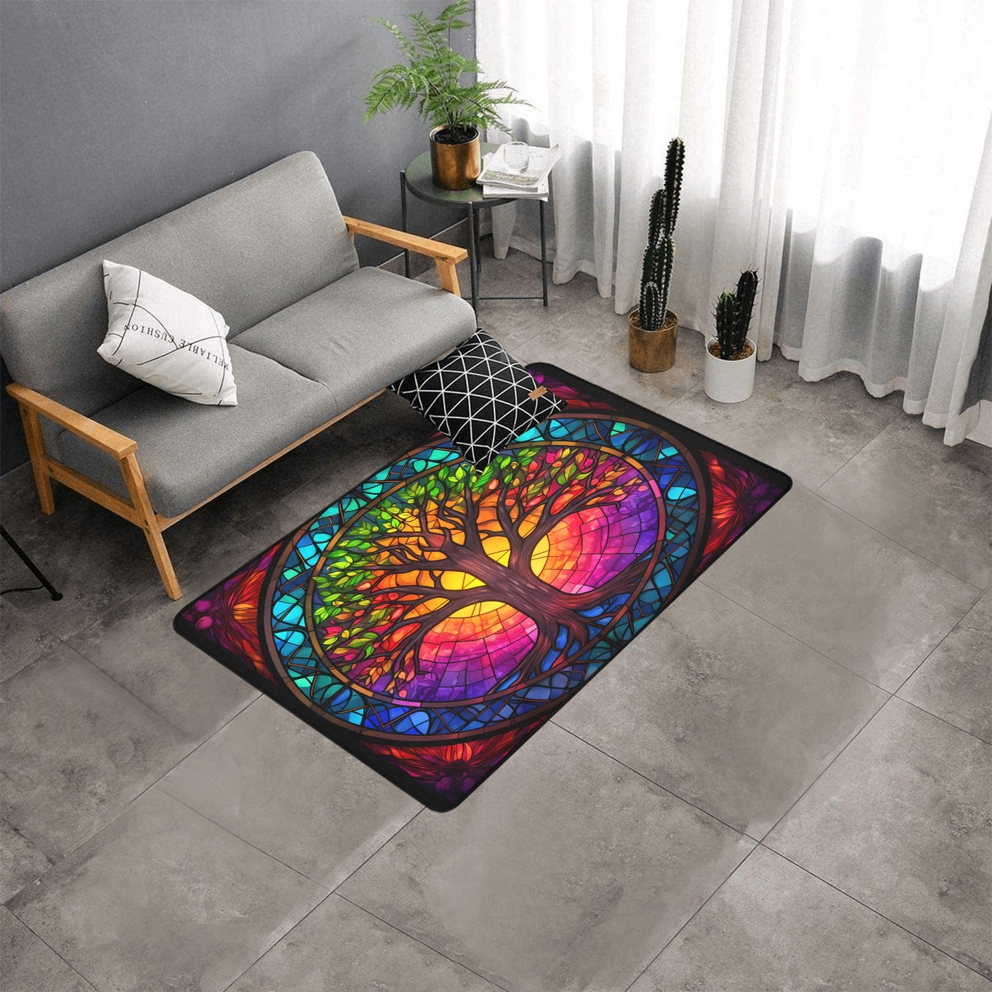 Tree of Life Area Rug with Black Binding