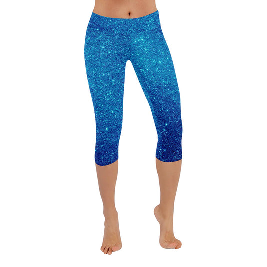 Glittery Look Blue Capri Leggings