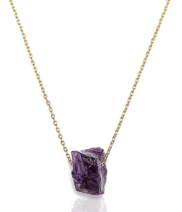 Raw Semi Precious Stone Pendant Necklace - Amethyst