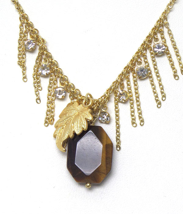 Genuine Semi Precious Stone Tassel Drop Necklace - Tiger Eye