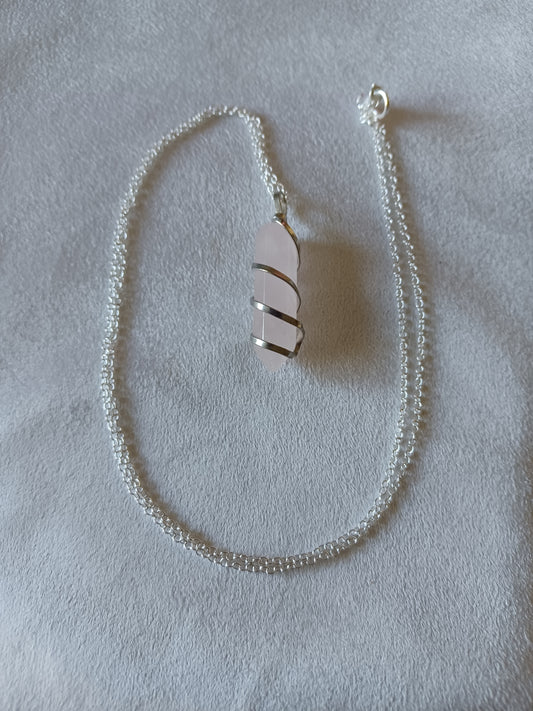 Rose Quartz Bullet Silver Wrapped Necklace