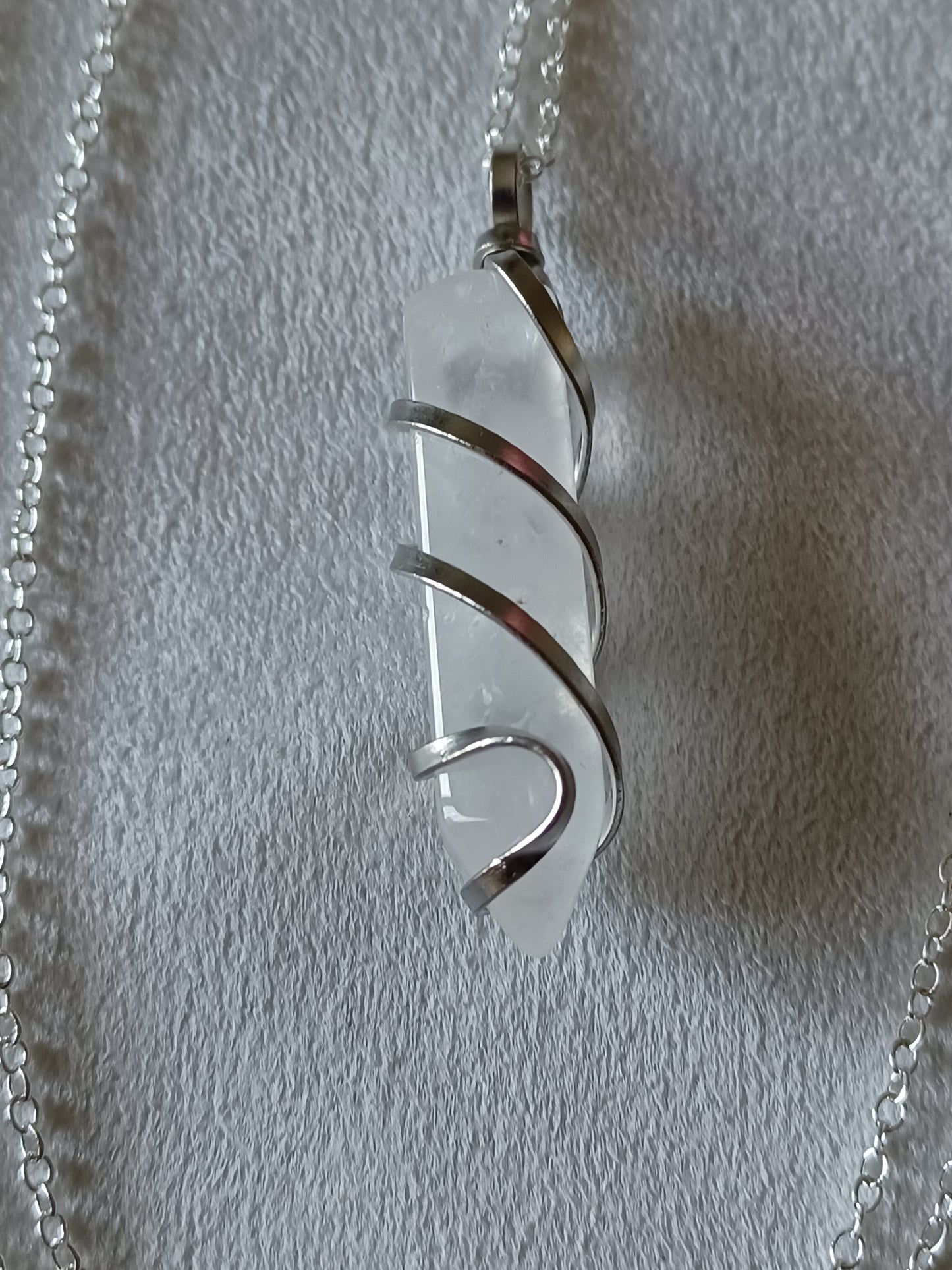 Clear Quartz Bullet Silver Wrapped Necklace