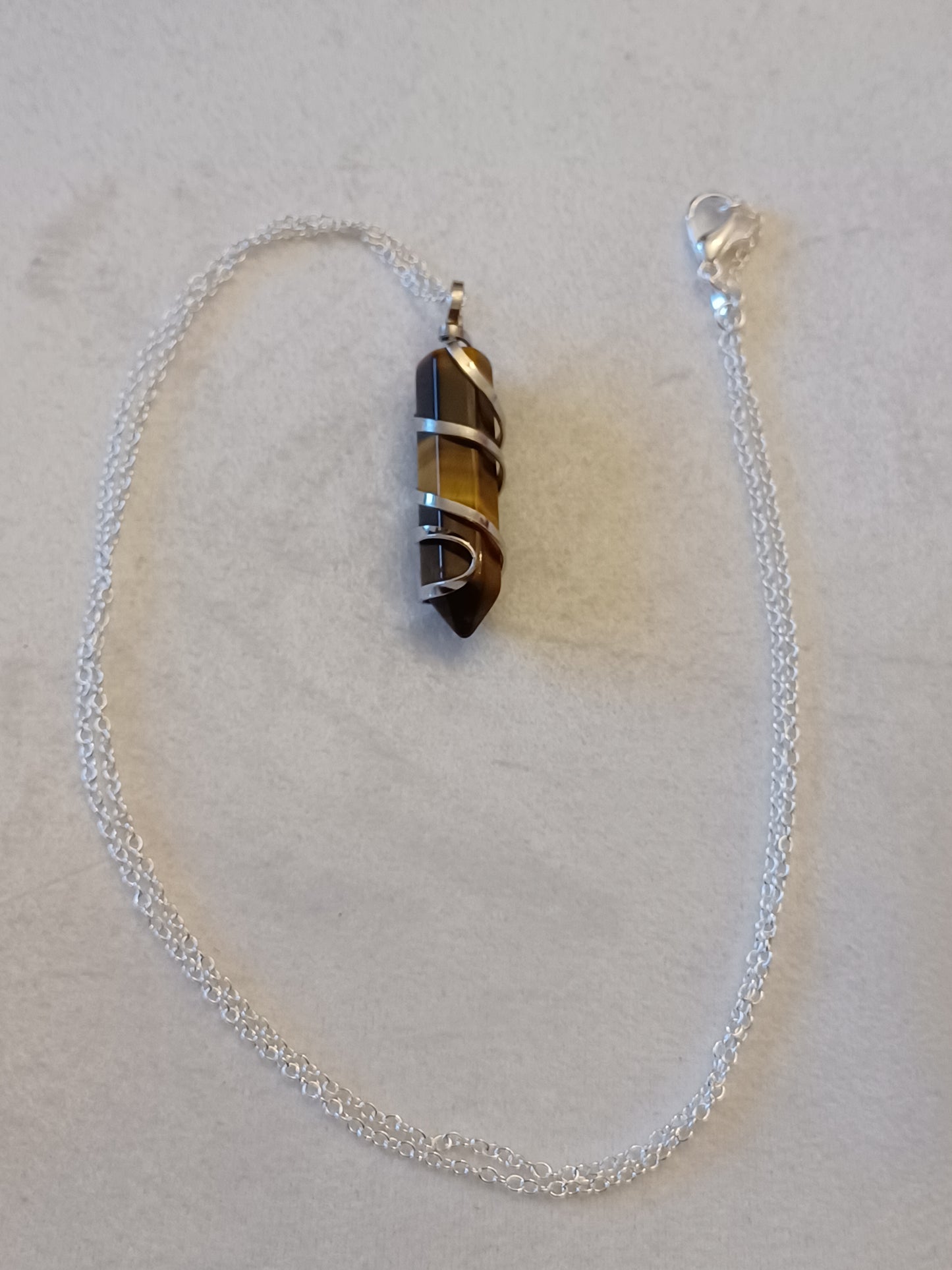 Tiger's Eye Bullet Silver Wrapped Necklace