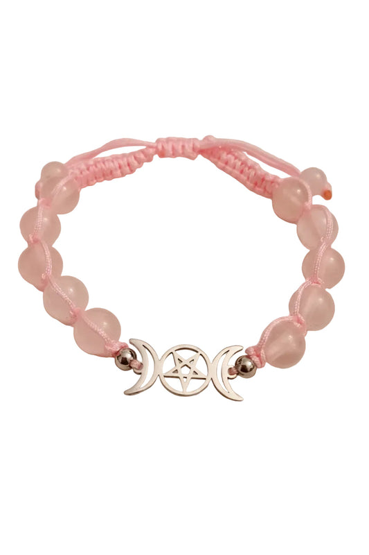Rose Quartz Triple Moon Natural Stone Adjustable Bracelet
