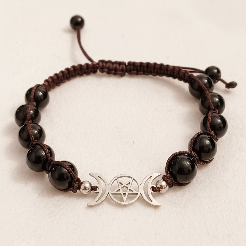 Black Agate Triple Moon Natural Stone Adjustable Bracelet