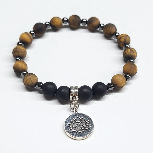 Tiger Eye and Onyx (Matte) with Lotus Charm Round Bead Bracelet 8mm