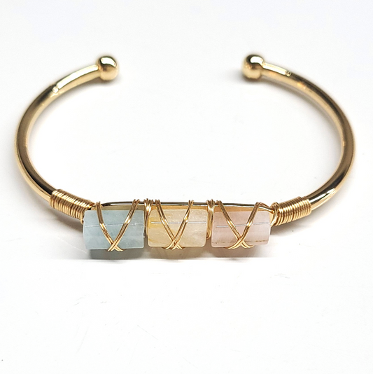 Aquamarine, Citrine, and Rose Quartz Bangle Cuff Bracelet (golden)