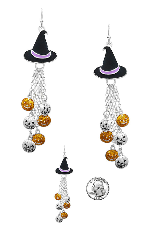 Witch Hat With Drop Pumpkins Earrings