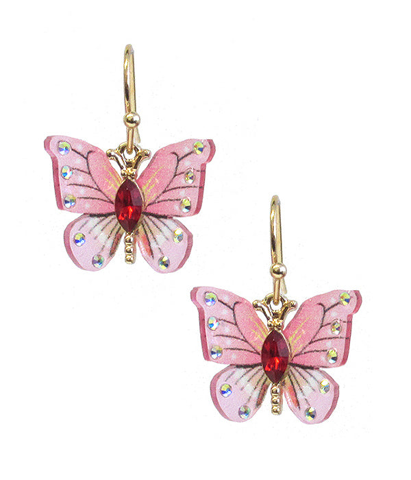 Butterfly Earrings with Crystal - Pink