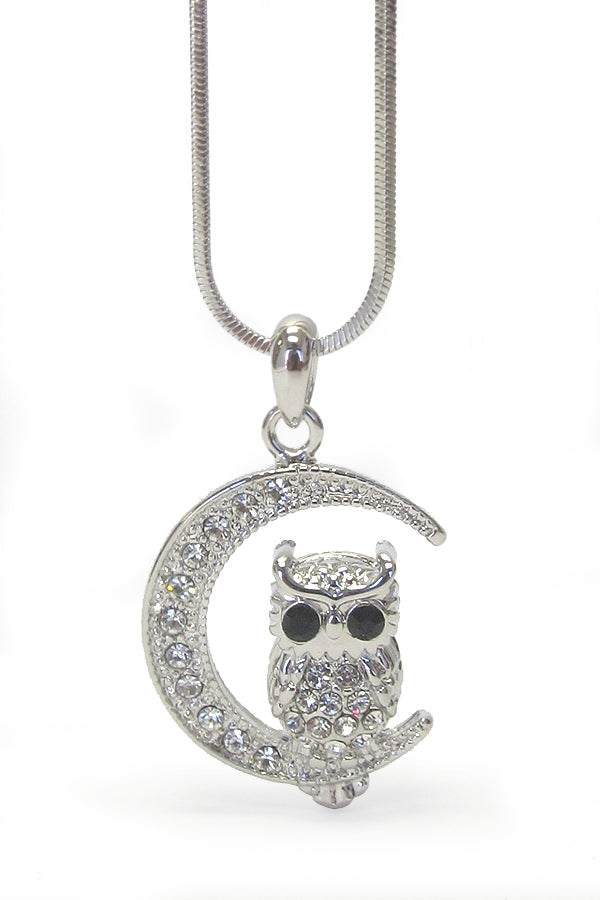 Crystal Eye Owl and Moon Pendant Necklace