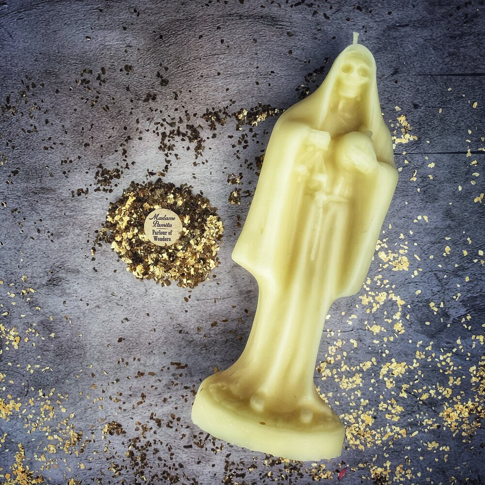 Beeswax Santa Muerte Spell Candle - Sacred Folk Saint Devotion & Protection Magic