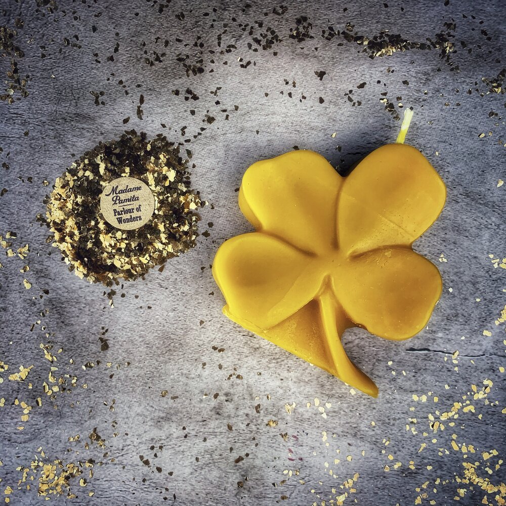 Beeswax Lucky Four Leaf Clover Spell Candle - Good Fortune & Lucky Breaks Magic
