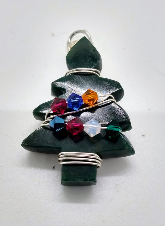 Green Aventurine Christmas Tree Pendant with Swarovski Crystals