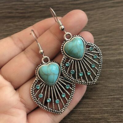 Turquoise Rhinestone Heart and Leaf Shape Earrings