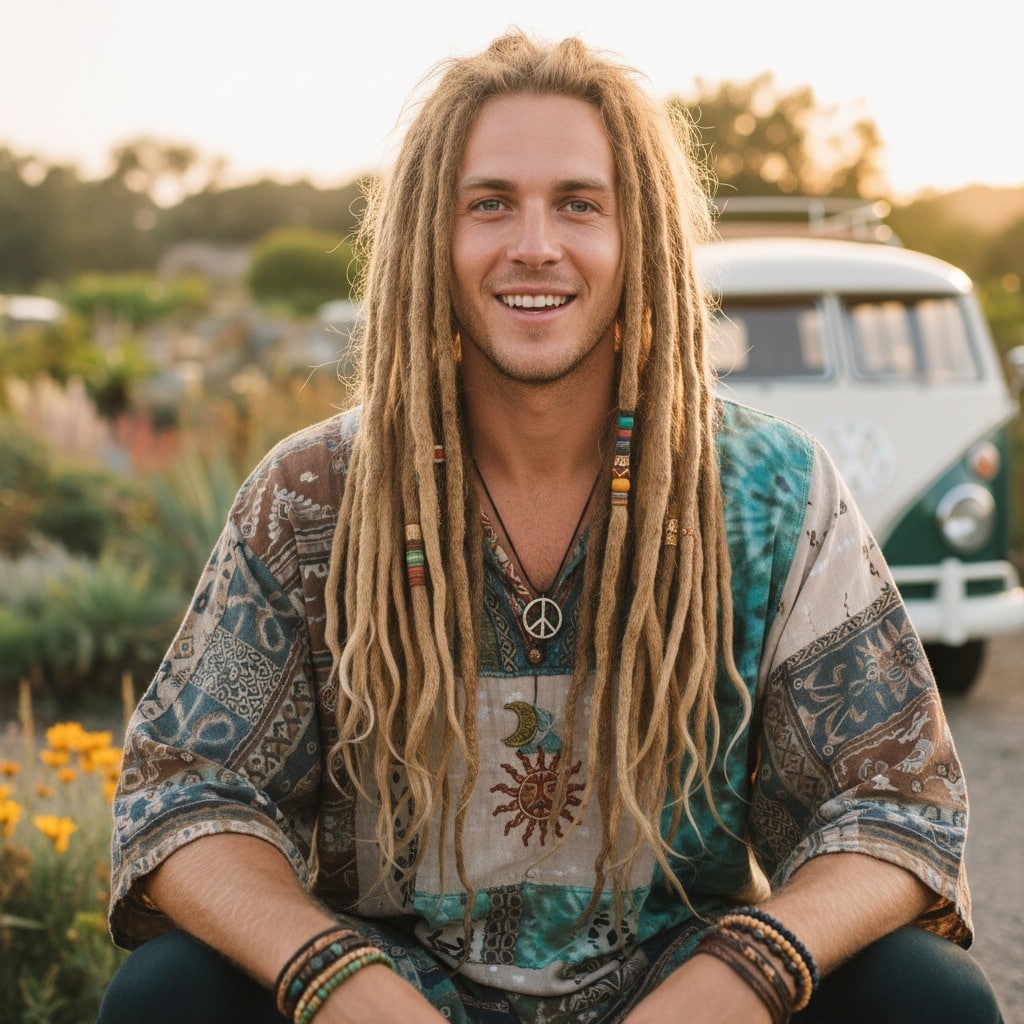 A smiling young man with long blonde dreadlocks and a peace sign necklace sits outdoors in front of a vintage van.