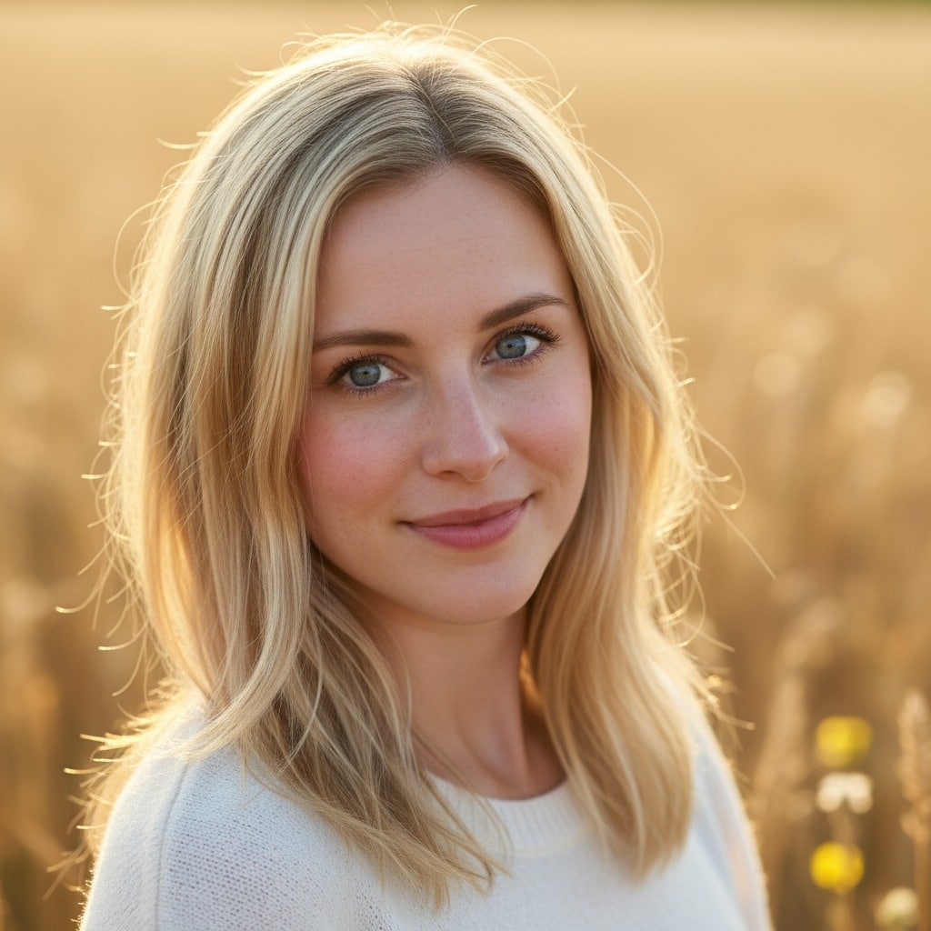 A blonde woman in a white sweater smiles softly in front of a golden field at sunset.